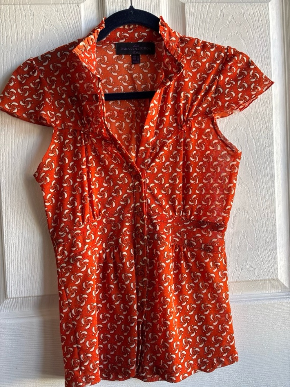 Vintage Zara Y2K Orange Geometric Ruffle Mesh Blouse Top